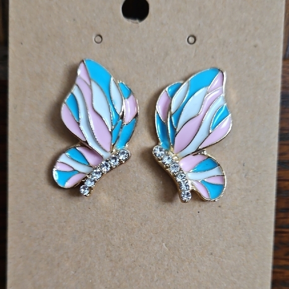 Butterfly Enamel Earrings With Rhinestones - Pink, Blue, White, Gold Tone, NWT - Picture 1 of 5